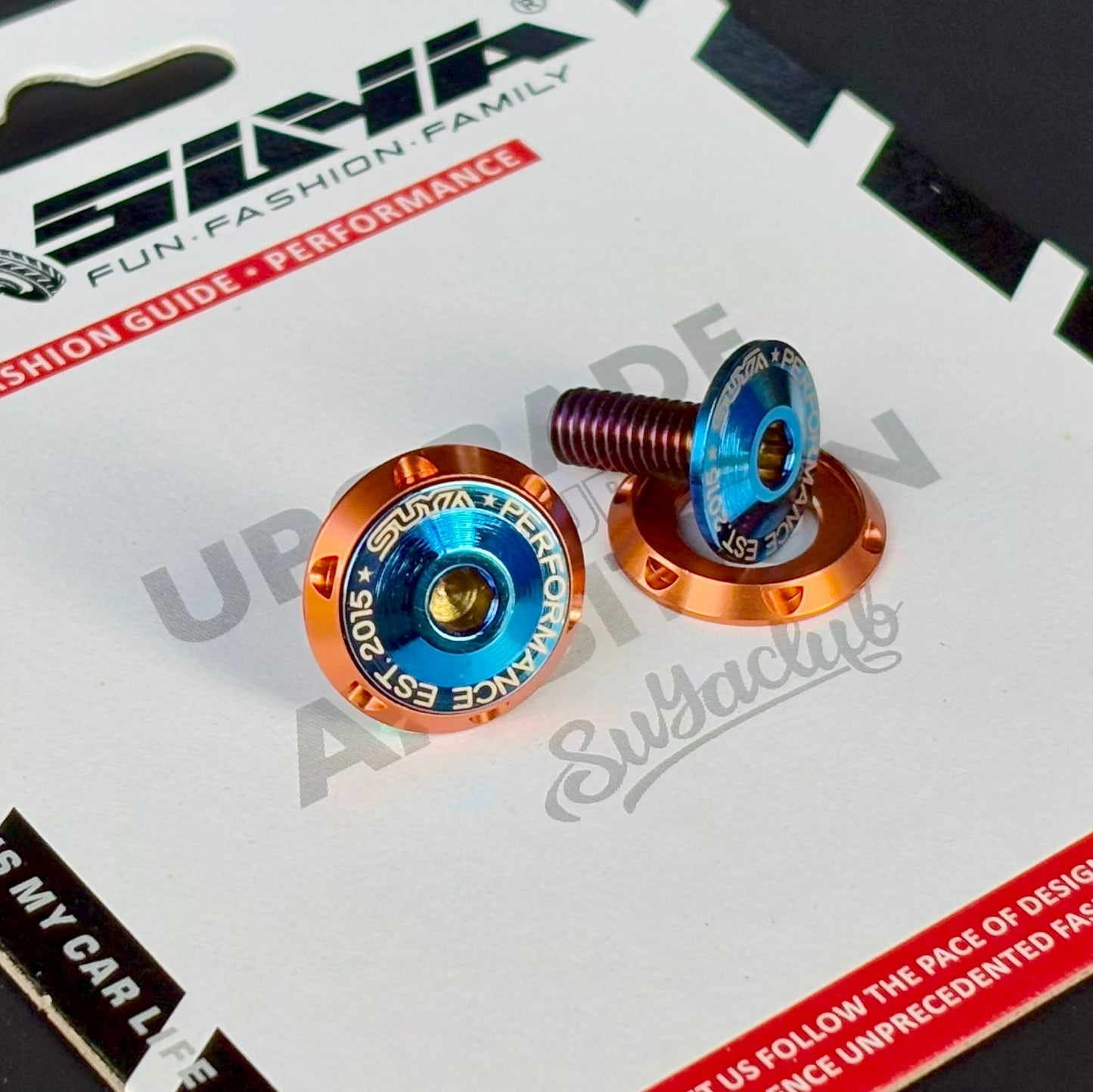 SUYA Car Supplies - Engine Bay - CNC M6 Dress Up Washer & Bolt (V1) - Black & Blue Bolts